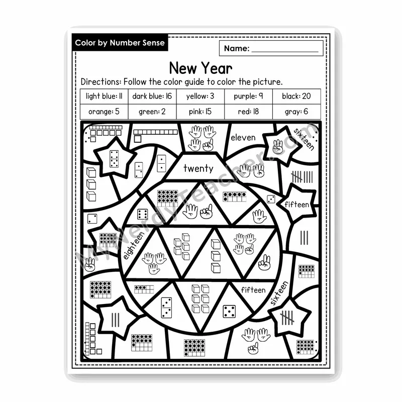 New Year Color by Number Sense — Numbers to 20 Worksheet (Set 2)