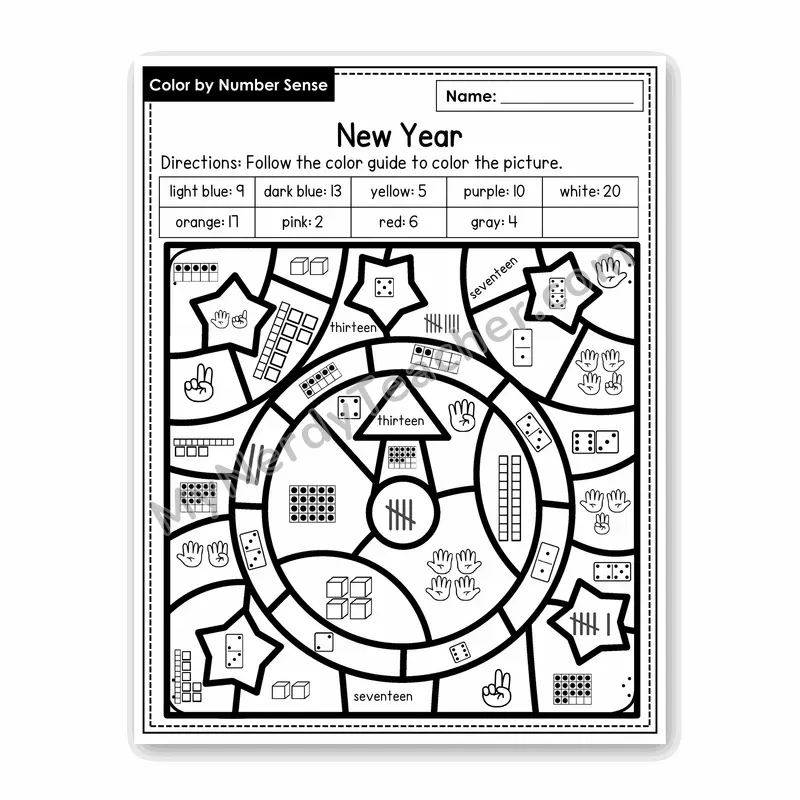 New Year Color by Number Sense — Numbers to 20 Worksheet (Set 5)