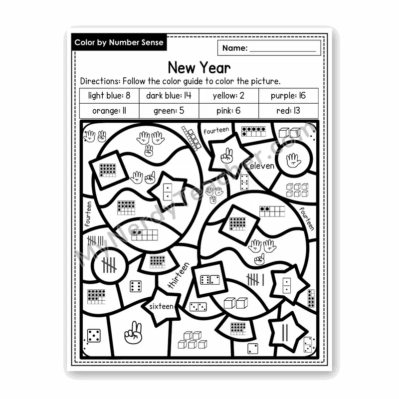 New Year Color by Number Sense — Numbers to 20 Worksheet (Set 3)