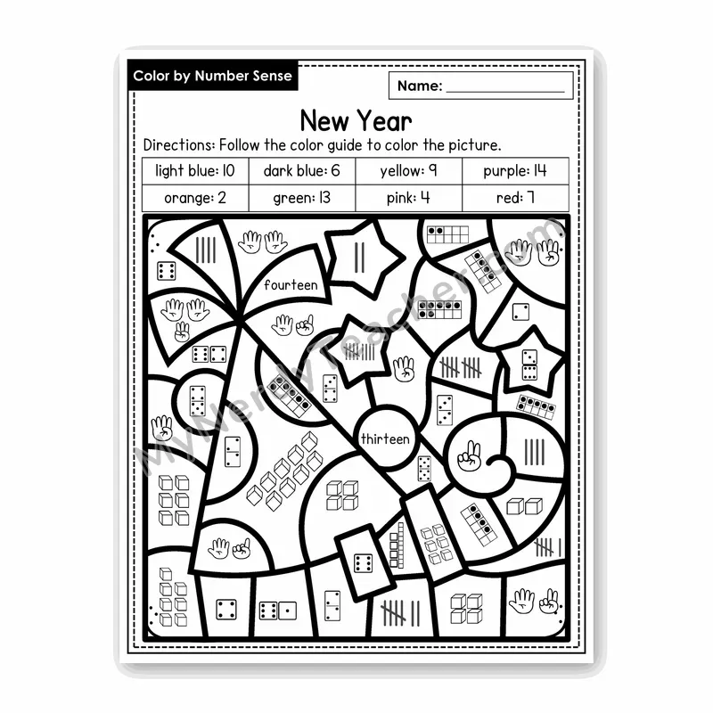 New Year Color by Number Sense — Numbers to 20 Worksheet (Set 9)
