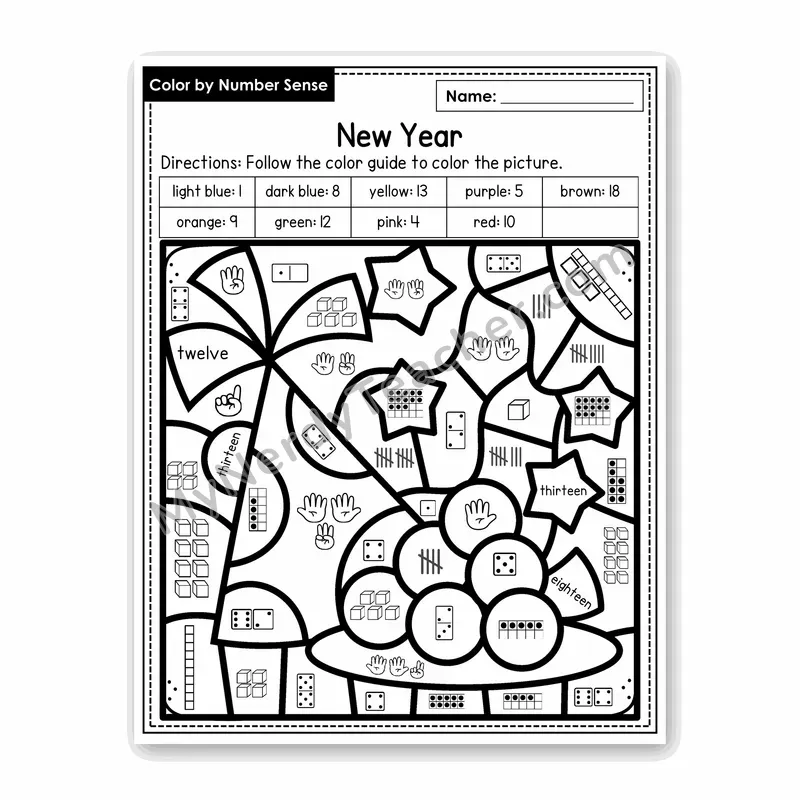New Year Color by Number Sense — Numbers to 20 Worksheet (Set 8)
