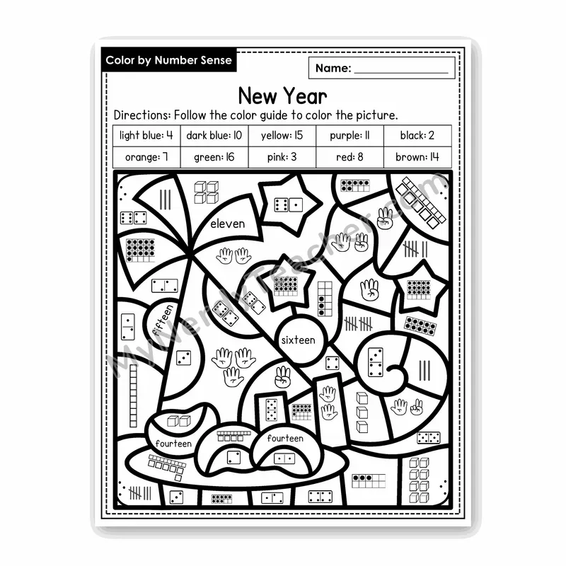 New Year Color by Number Sense — Numbers to 20 Worksheet (Set 7)