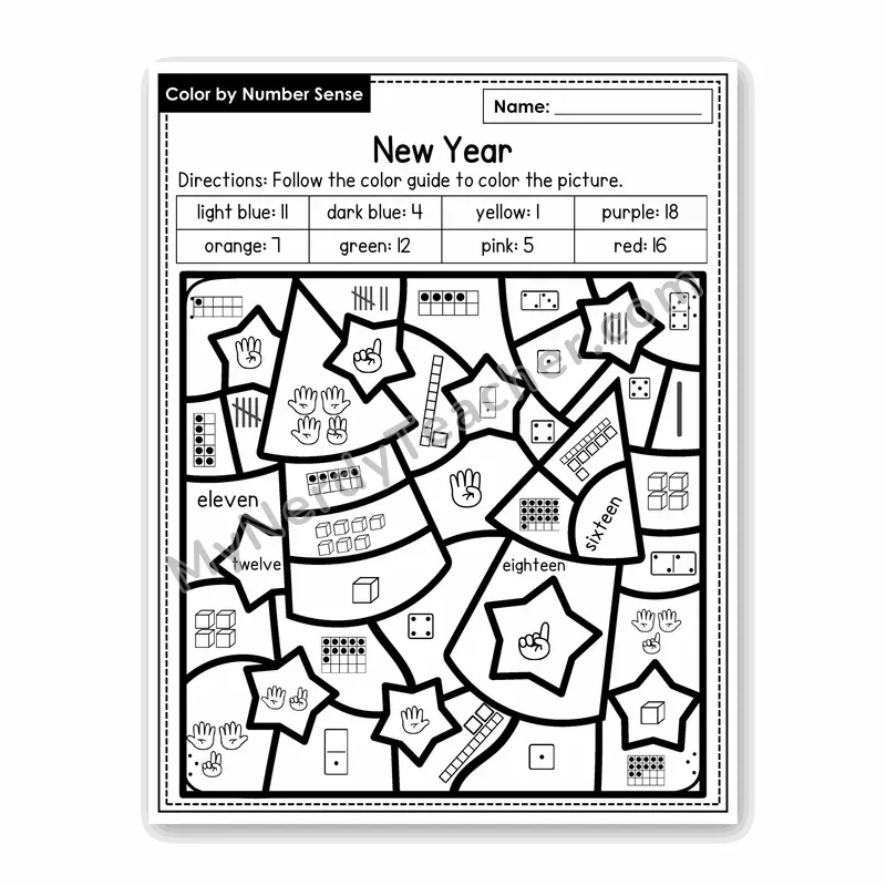 New Year Color by Number Sense — Numbers to 20 Worksheet (Set 6)
