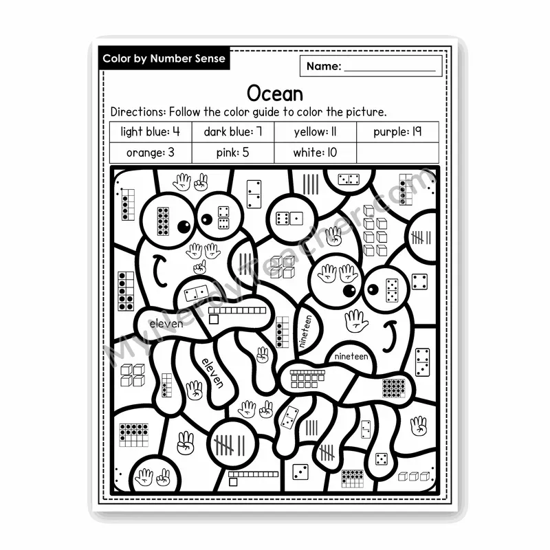 Ocean Color by Number Sense — Numbers to 20 Worksheet (Set 1)