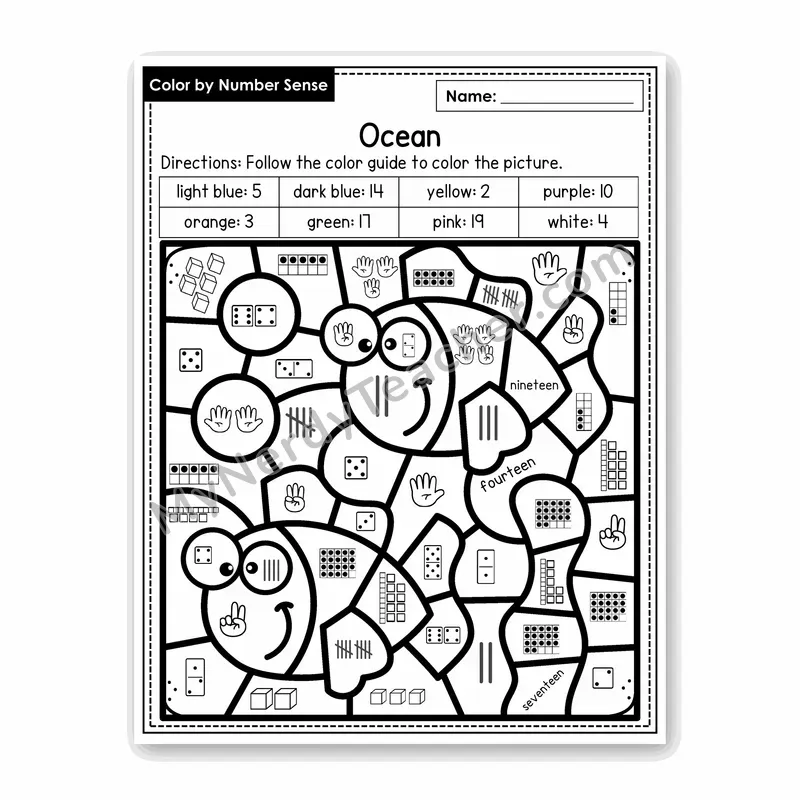 Ocean Color by Number Sense — Numbers to 20 Worksheet (Set 3)