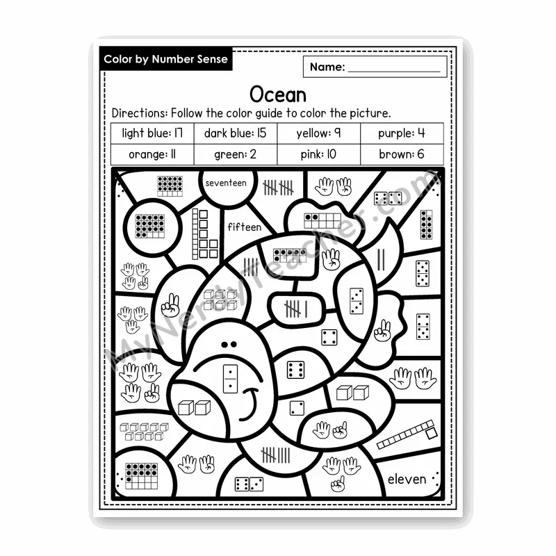 Ocean Color by Number Sense — Numbers to 20 Worksheet (Set 2)