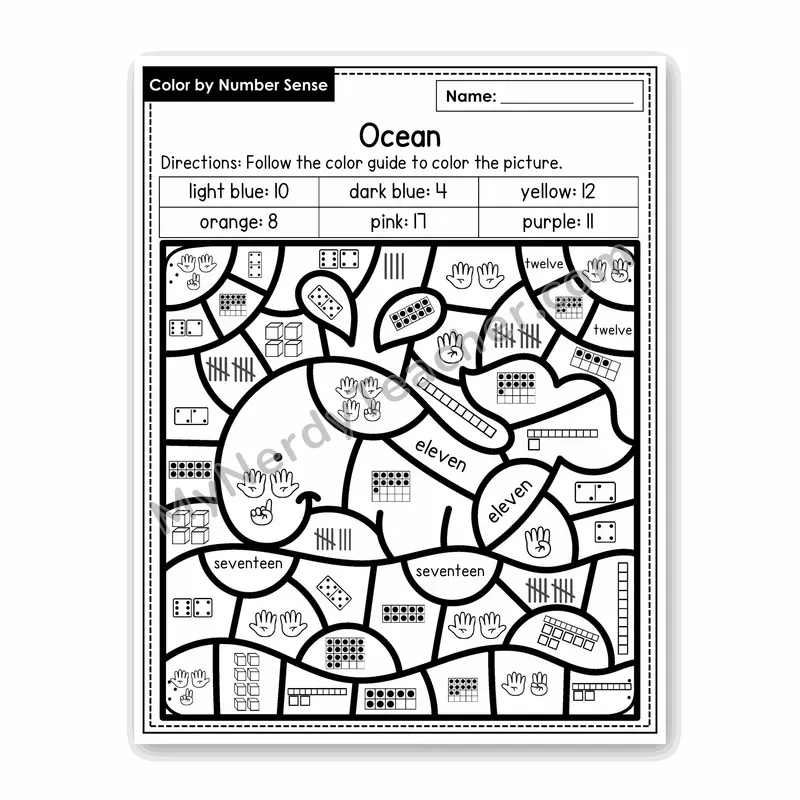 Ocean Color by Number Sense — Numbers to 20 Worksheet (Set 5)