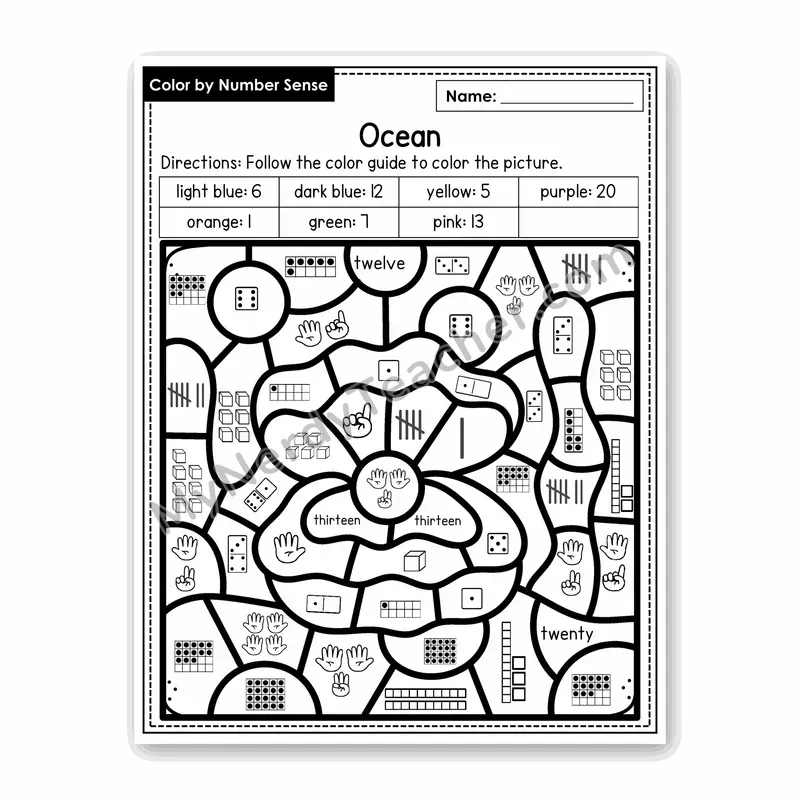 Ocean Color by Number Sense — Numbers to 20 Worksheet (Set 4)