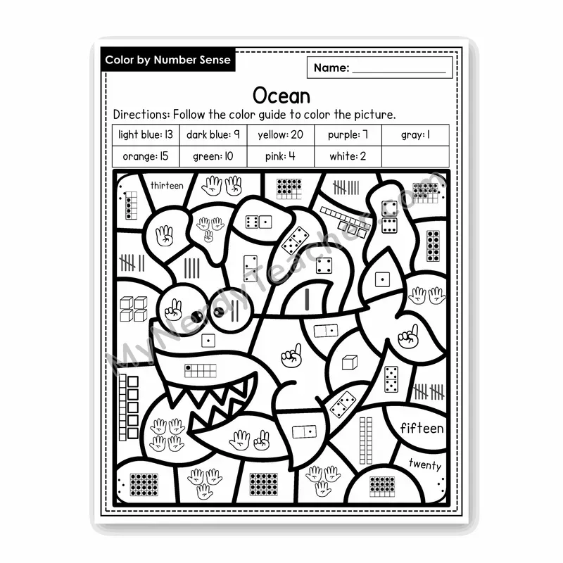 Ocean Color by Number Sense — Numbers to 20 Worksheet (Set 6)