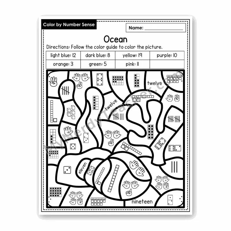 Ocean Color by Number Sense — Numbers to 20 Worksheet (Set 8)