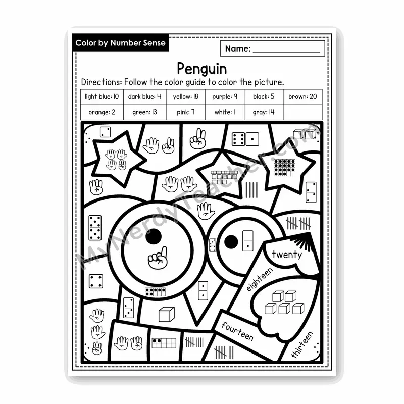 Penguin Color by Number Sense — Numbers to 20 Worksheet (Set 2)