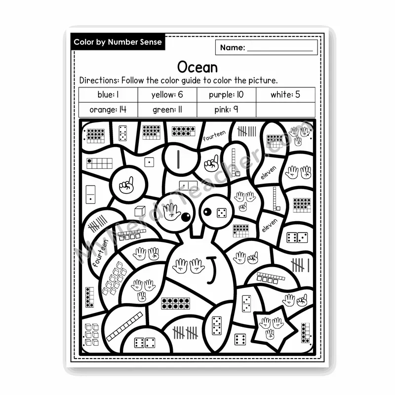 Ocean Color by Number Sense — Numbers to 20 Worksheet (Set 7)