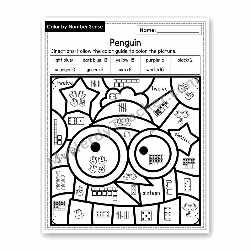 Penguin Color by Number Sense — Numbers to 20 Worksheet (Set 1)