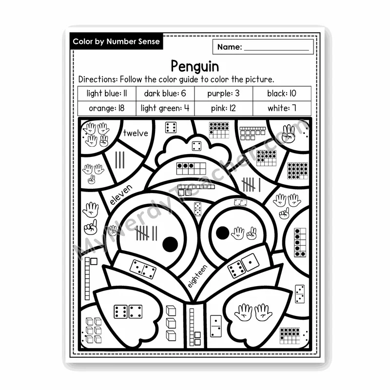 Penguin Color by Number Sense — Numbers to 20 Worksheet (Set 3)