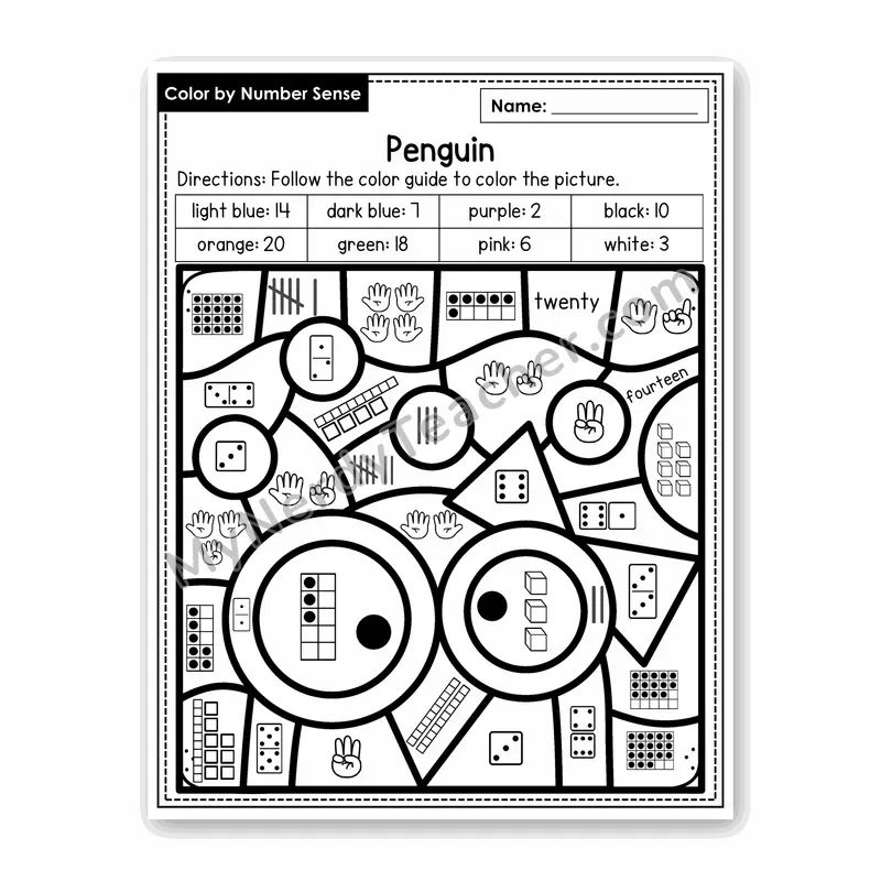 Penguin Color by Number Sense — Numbers to 20 Worksheet (Set 6)