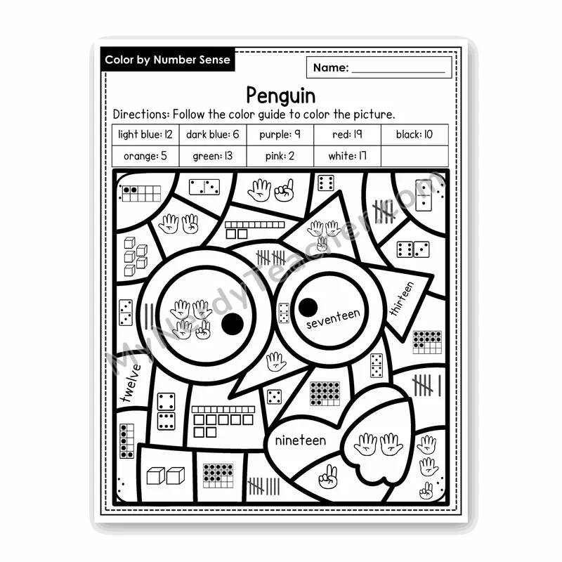 Penguin Color by Number Sense — Numbers to 20 Worksheet (Set 7)