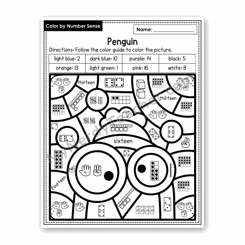 Penguin Color by Number Sense — Numbers to 20 Worksheet (Set 5)
