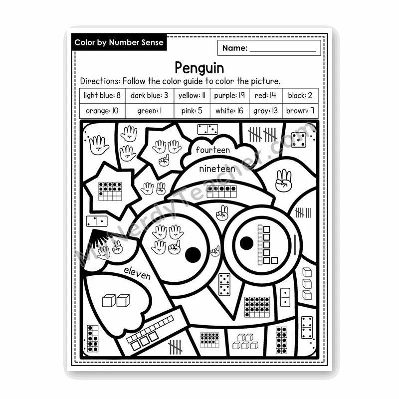 Penguin Color by Number Sense — Numbers to 20 Worksheet (Set 4)
