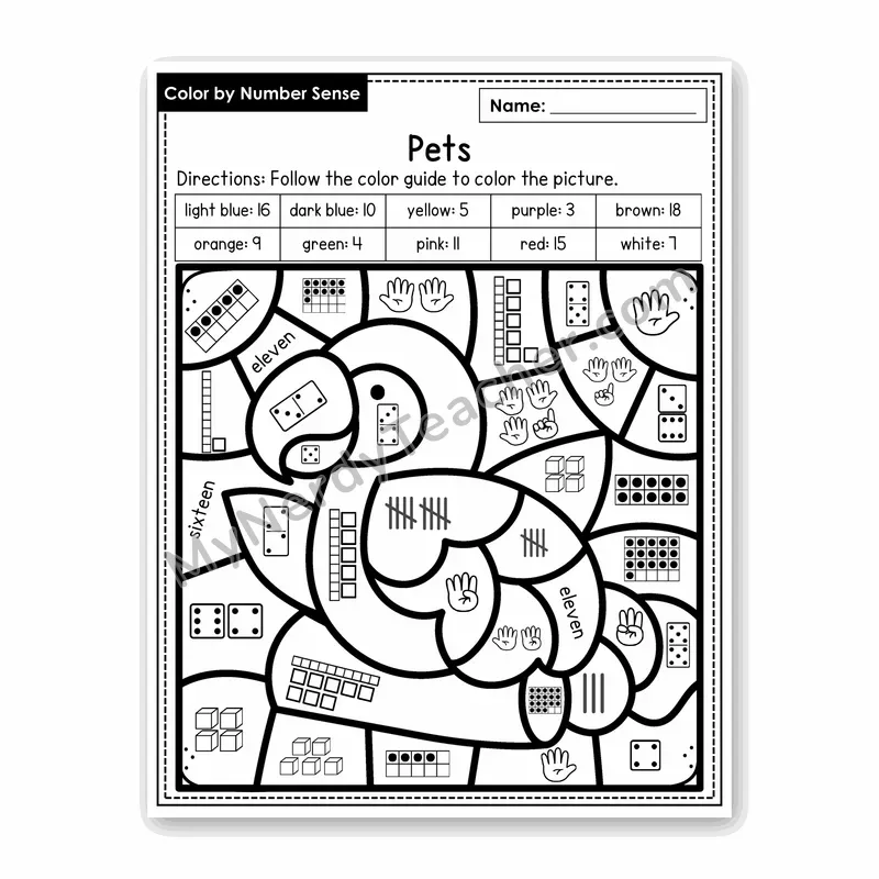 Pets Color by Number Sense — Numbers to 20 Worksheet (Set 4)