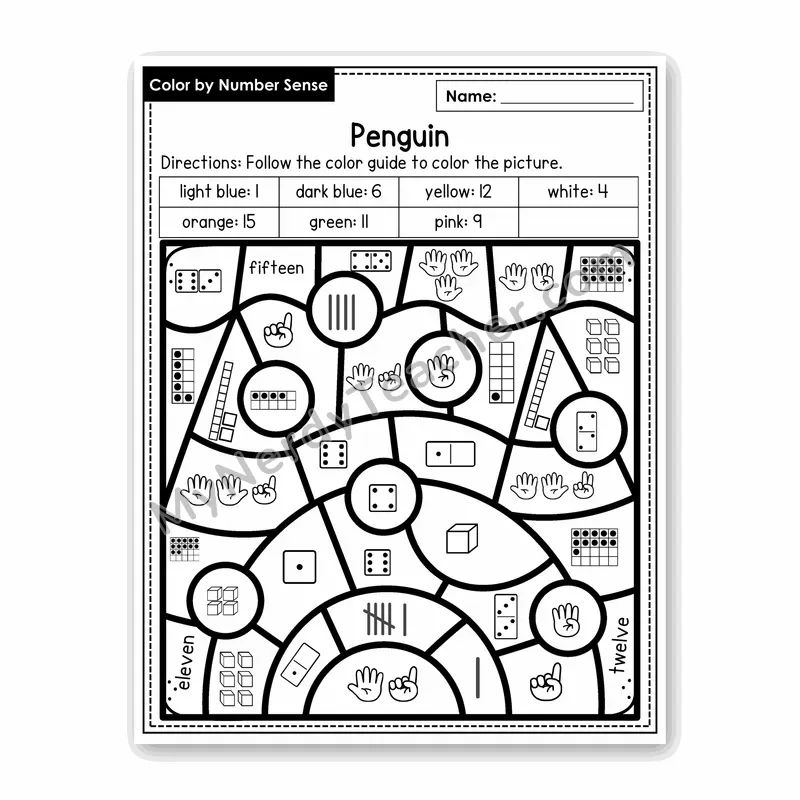 Penguin Color by Number Sense — Numbers to 20 Worksheet (Set 8)