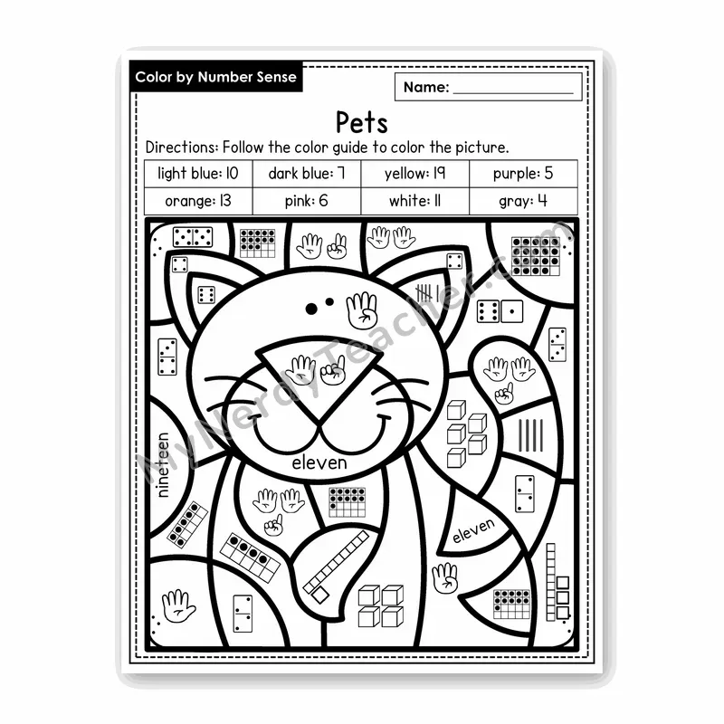 Pets Color by Number Sense — Numbers to 20 Worksheet (Set 1)