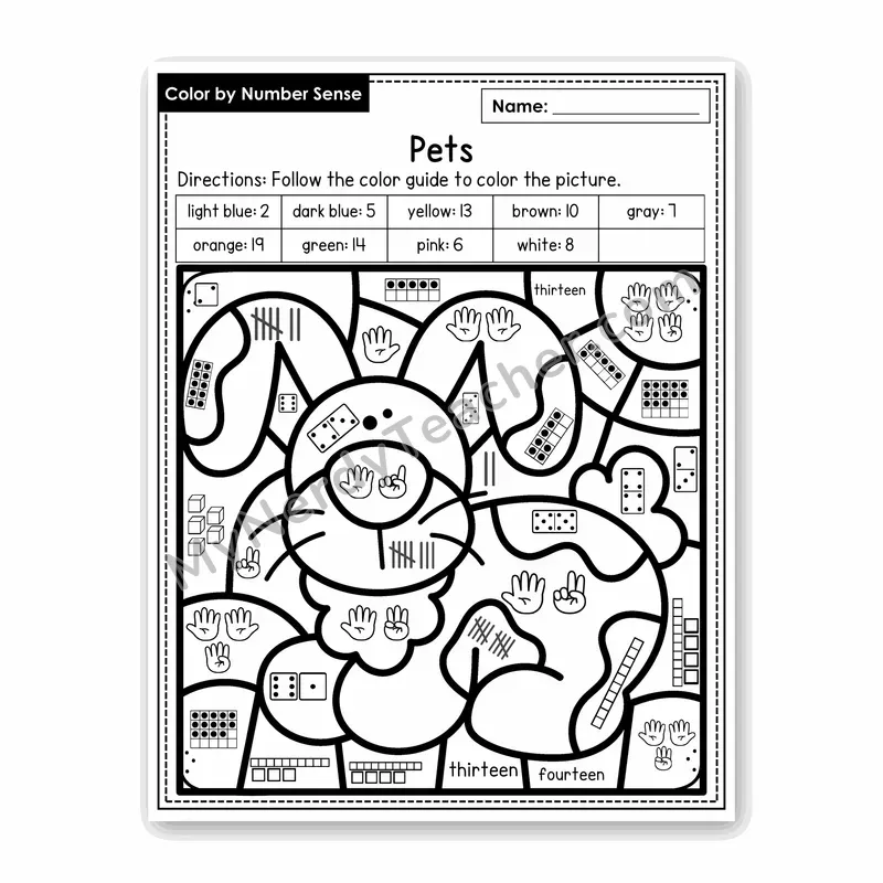 Pets Color by Number Sense — Numbers to 20 Worksheet (Set 5)