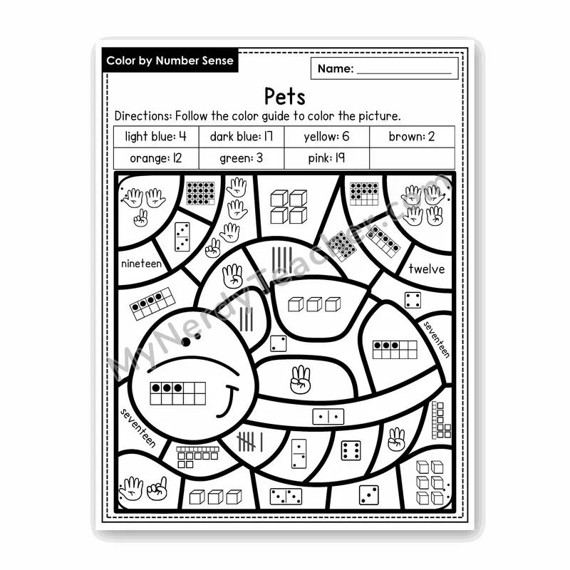 Pets Color by Number Sense — Numbers to 20 Worksheet (Set 7)