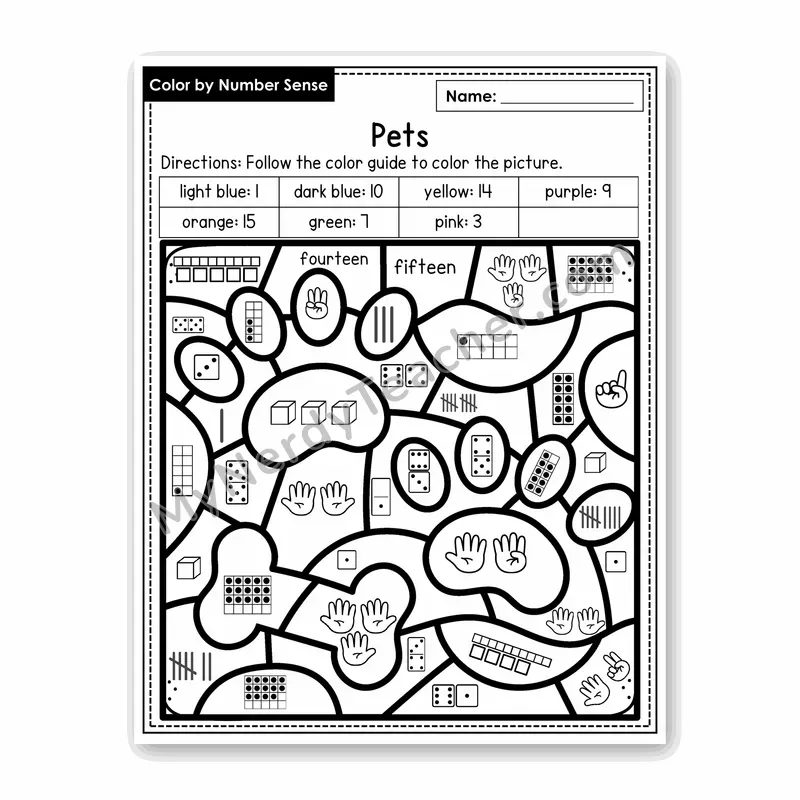 Pets Color by Number Sense — Numbers to 20 Worksheet (Set 8)