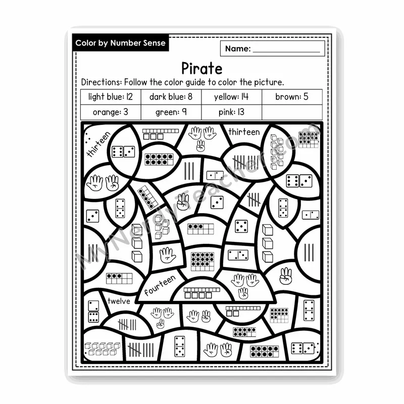 Pirate Color by Number Sense — Numbers to 20 Worksheet (Set 1)