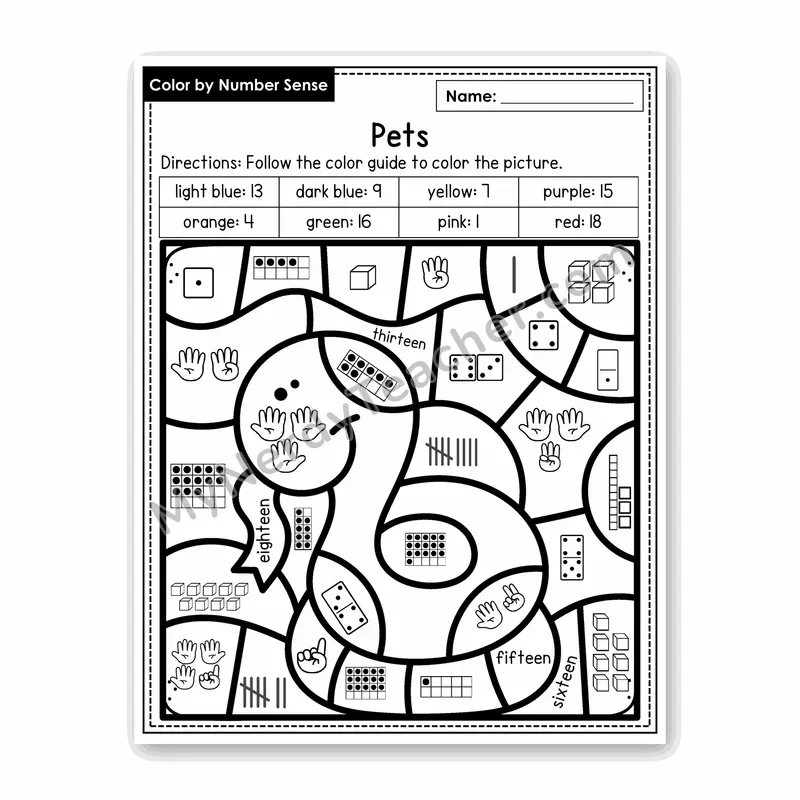 Pets Color by Number Sense — Numbers to 20 Worksheet (Set 6)