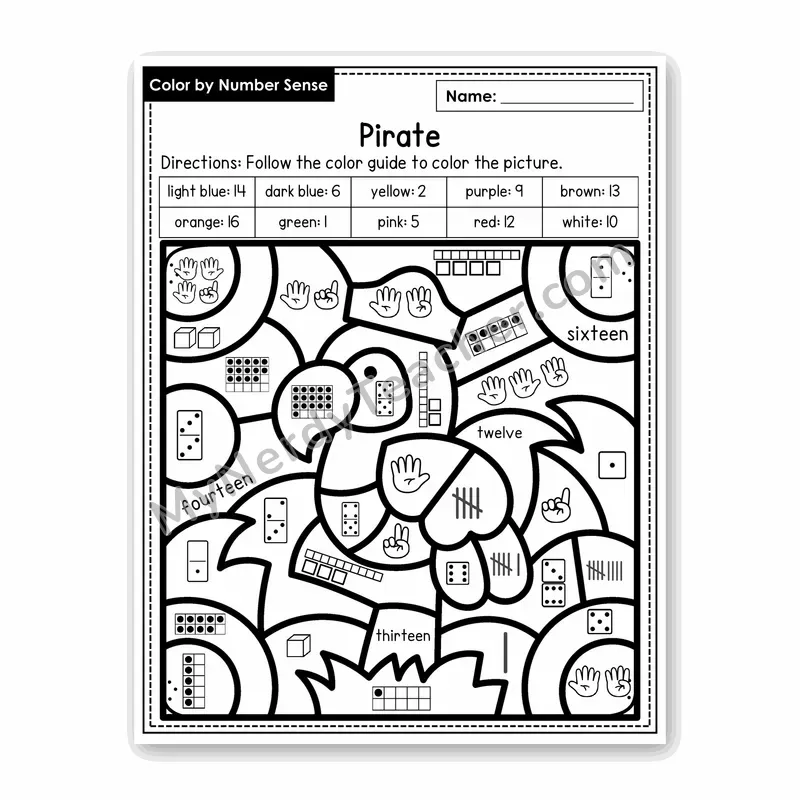Pirate Color by Number Sense — Numbers to 20 Worksheet (Set 3)