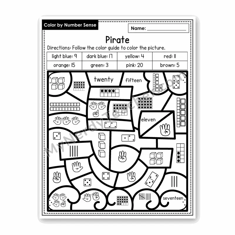 Pirate Color by Number Sense — Numbers to 20 Worksheet (Set 5)