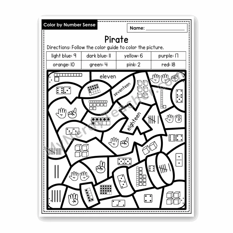 Pirate Color by Number Sense — Numbers to 20 Worksheet (Set 2)