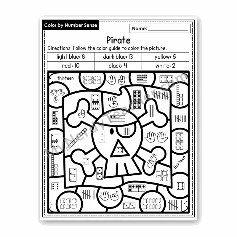 Pirate Color by Number Sense — Numbers to 20 Worksheet (Set 4)