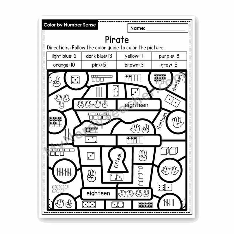Pirate Color by Number Sense — Numbers to 20 Worksheet (Set 8)