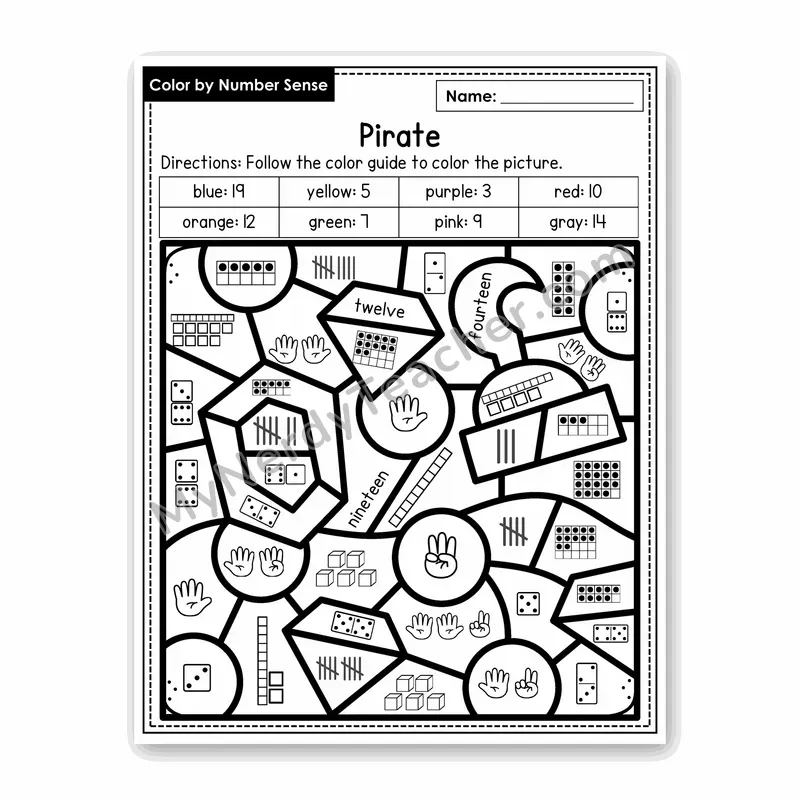 Pirate Color by Number Sense — Numbers to 20 Worksheet (Set 7)