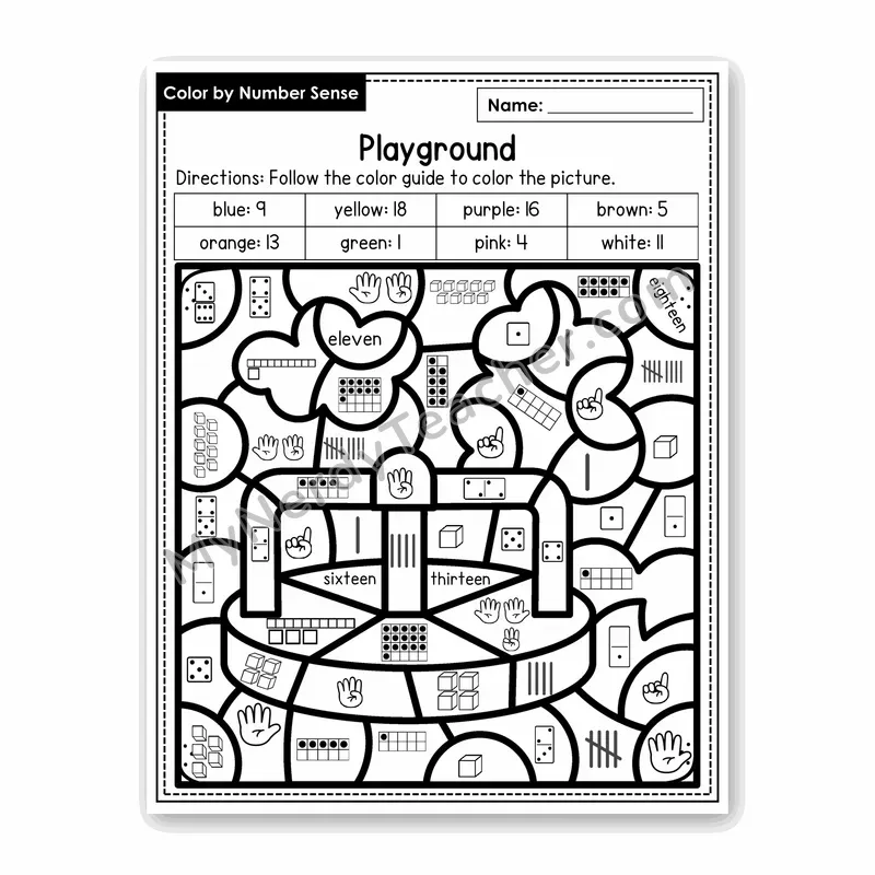Playground Color by Number Sense — Numbers to 20 Worksheet (Set 2)