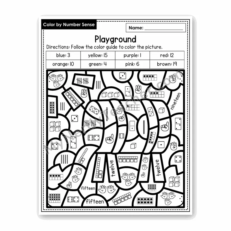 Playground Color by Number Sense — Numbers to 20 Worksheet (Set 1)