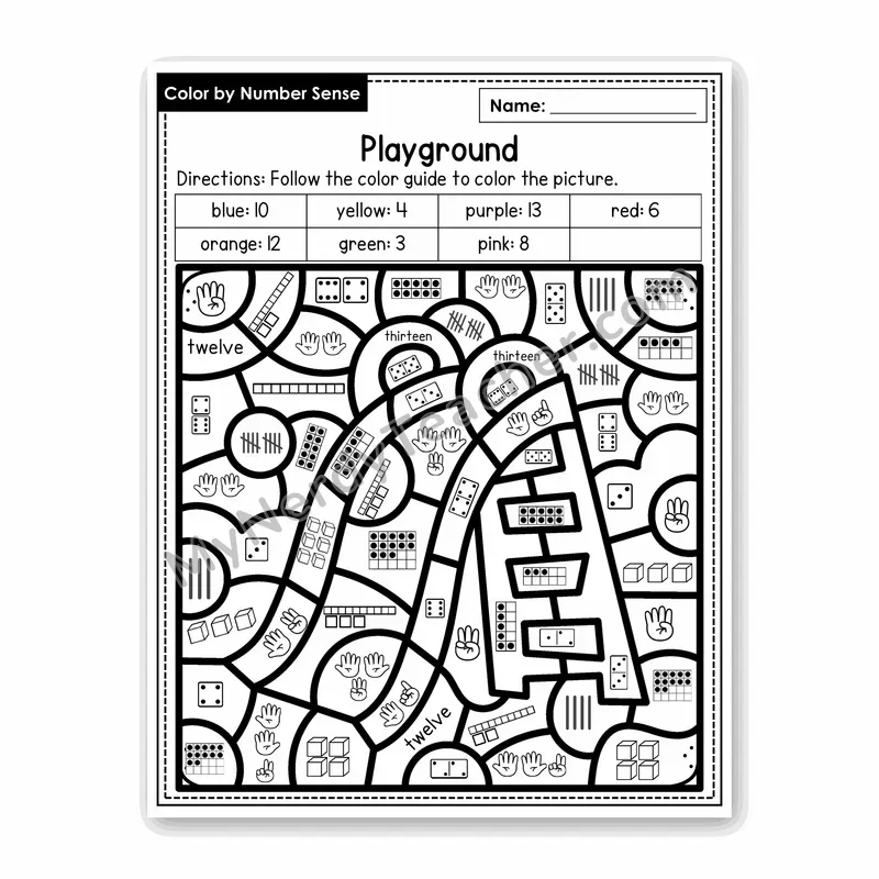 Playground Color by Number Sense — Numbers to 20 Worksheet (Set 3)
