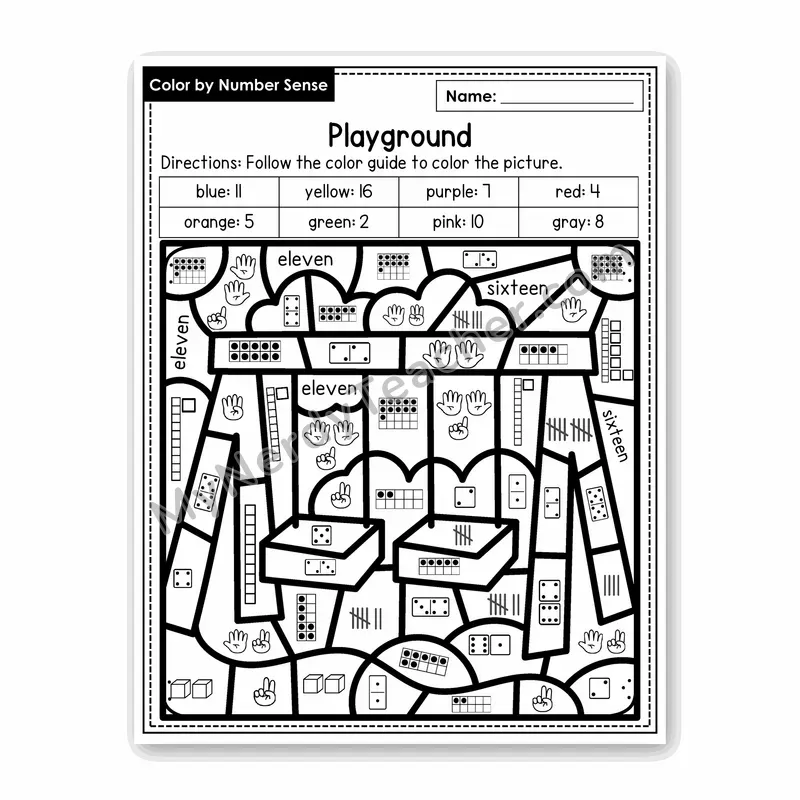 Playground Color by Number Sense — Numbers to 20 Worksheet (Set 4)