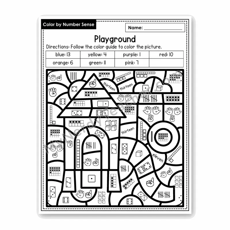 Playground Color by Number Sense — Numbers to 20 Worksheet (Set 7)