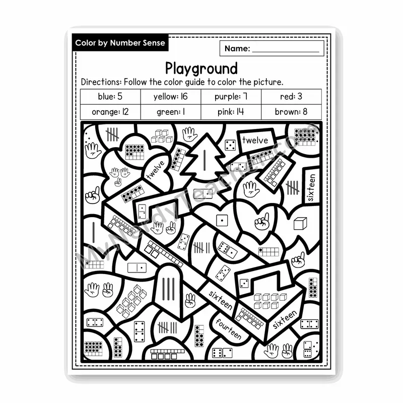Playground Color by Number Sense — Numbers to 20 Worksheet (Set 6)