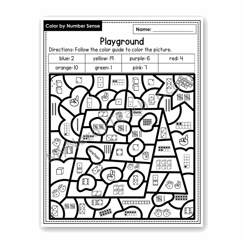 Playground Color by Number Sense — Numbers to 20 Worksheet (Set 5)