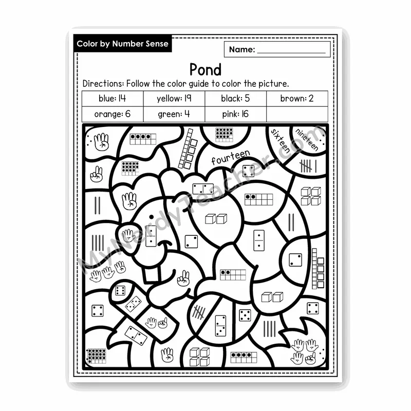 Pond Color by Number Sense — Numbers to 20 Worksheet (Set 1)