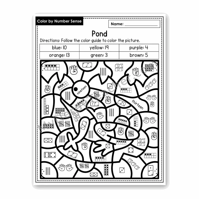 Pond Color by Number Sense — Numbers to 20 Worksheet (Set 4)