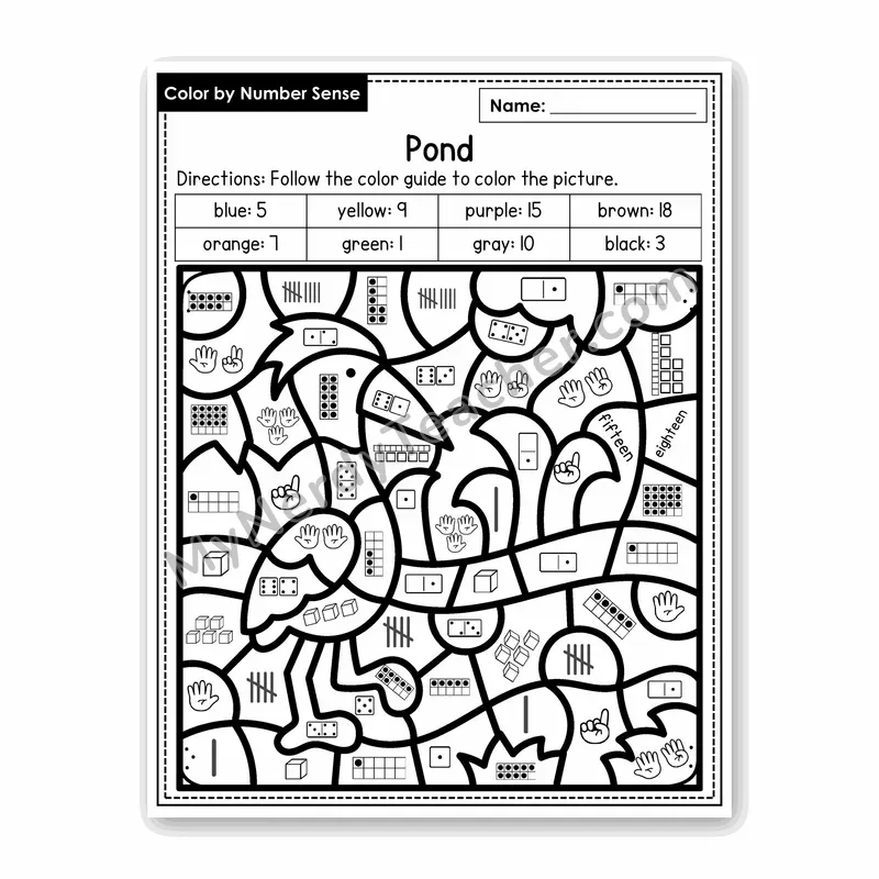 Pond Color by Number Sense — Numbers to 20 Worksheet (Set 3)