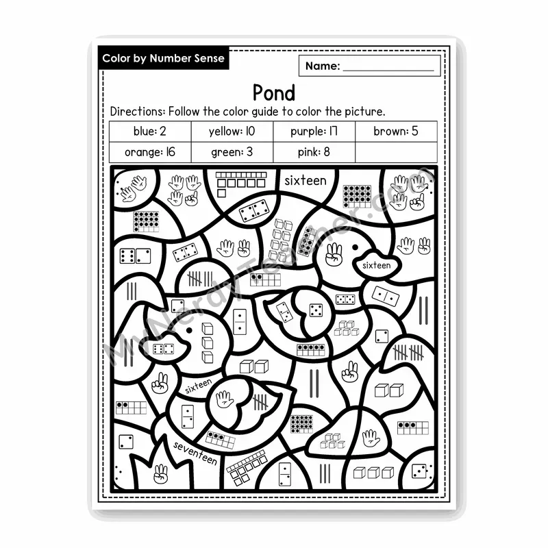 Pond Color by Number Sense — Numbers to 20 Worksheet (Set 2)