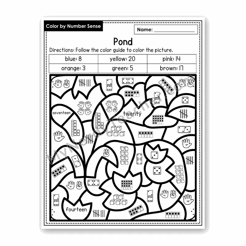 Pond Color by Number Sense — Numbers to 20 Worksheet (Set 5)