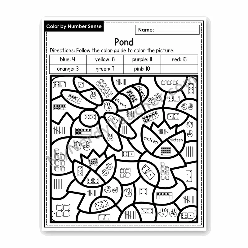 Pond Color by Number Sense — Numbers to 20 Worksheet (Set 6)