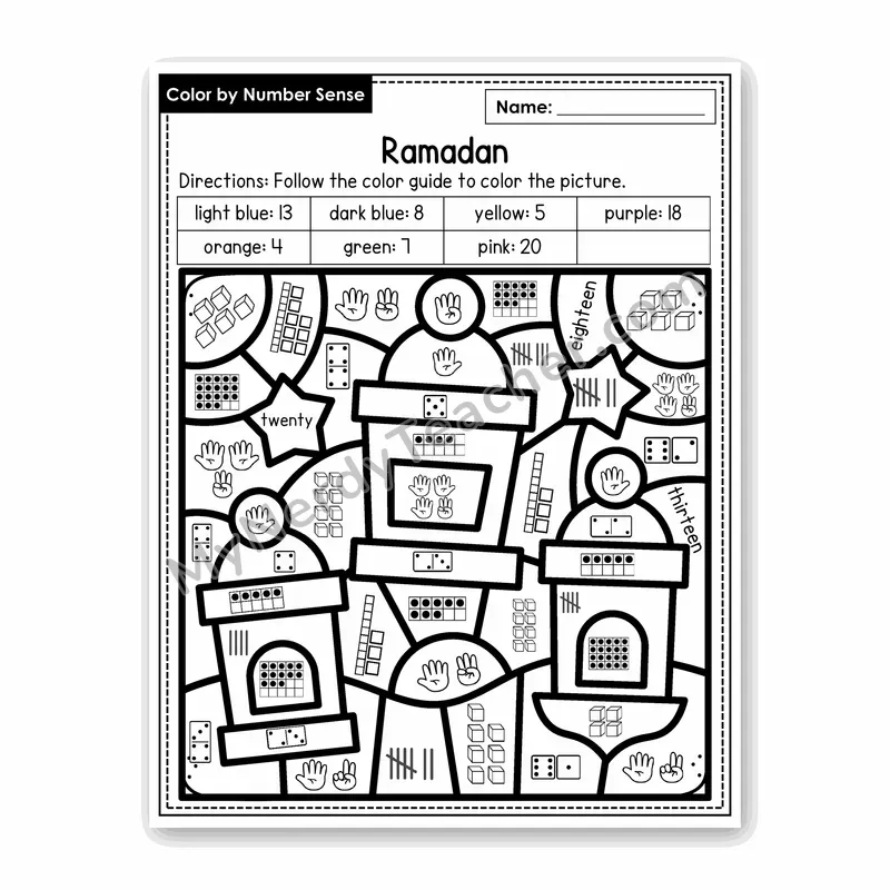 Ramadan Color by Number Sense — Numbers to 20 Worksheet (Set 2)